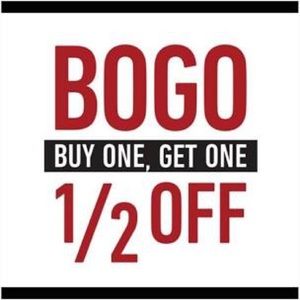 Buy one get one 50% off equal or lesser value.